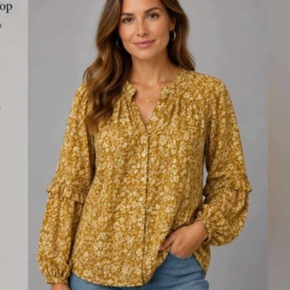 J.Crew Womens XXS Mustard Yellow Floral Corduroy Ruffle Long Sleeve Blouse NWOT